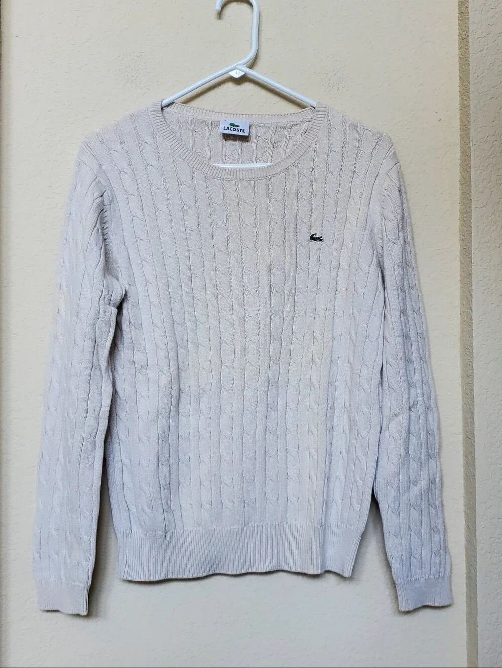 Lacoste Cream Cable Knit Crewneck Sweater with Green Logo. Size XL - Picture 1 of 8